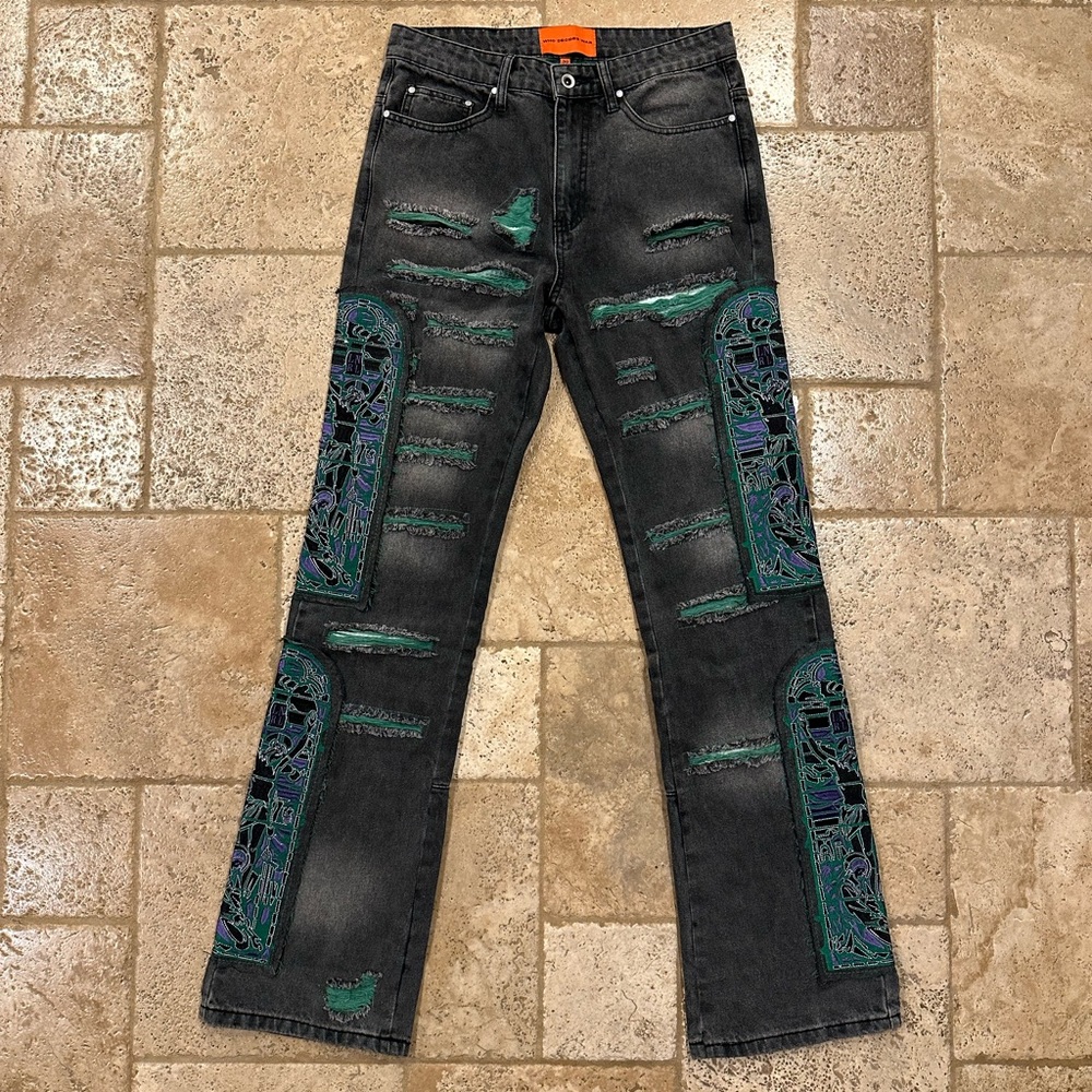 Who Decides War WDW Catherdral Patch Fusion Flare Charcoal Black Denim